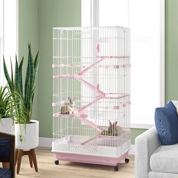 6-Level Pink Ferret Cage with Wheels, Removable Tray, Platform and Ramp - Image 2