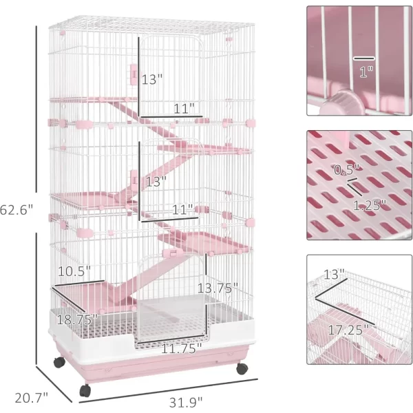 6-Level Pink Ferret Cage with Wheels, Removable Tray, Platform and Ramp - Image 5