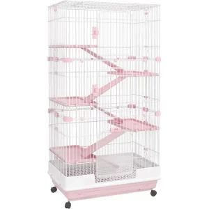 6-Level Pink Ferret Cage with Wheels, Removable Tray, Platform and Ramp