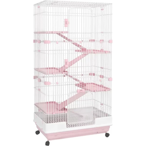 6-Level Pink Ferret Cage with Wheels, Removable Tray, Platform and Ramp