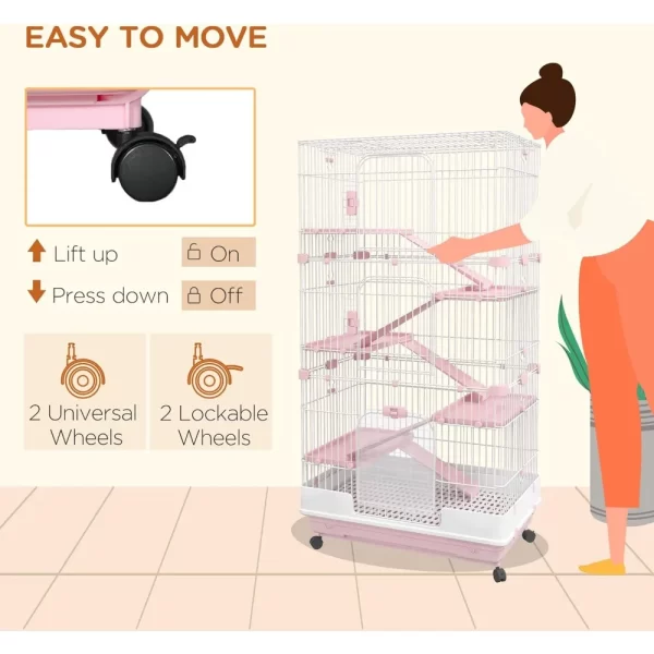 6-Level Pink Ferret Cage with Wheels, Removable Tray, Platform and Ramp - Image 4